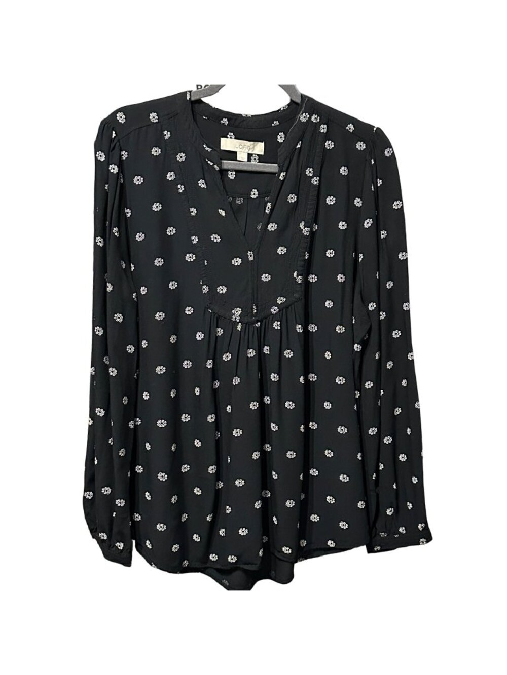 Loft Black Floral Print Long Sleeve Blouse Size Large Lightweight Design